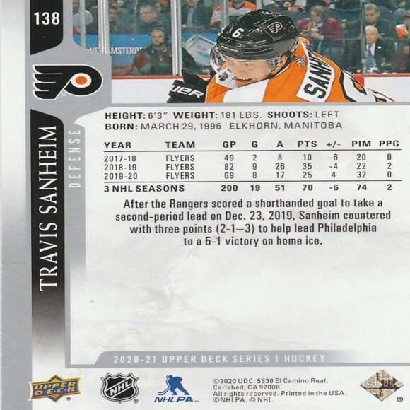 Travis Sanheim - 2020/2021 Upper Deck Series 1 Hockey Card - Picture 2 of 2